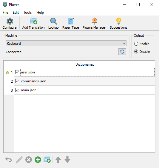 Plover main window, showing the
dictionary list with checkboxes to disable each one.
