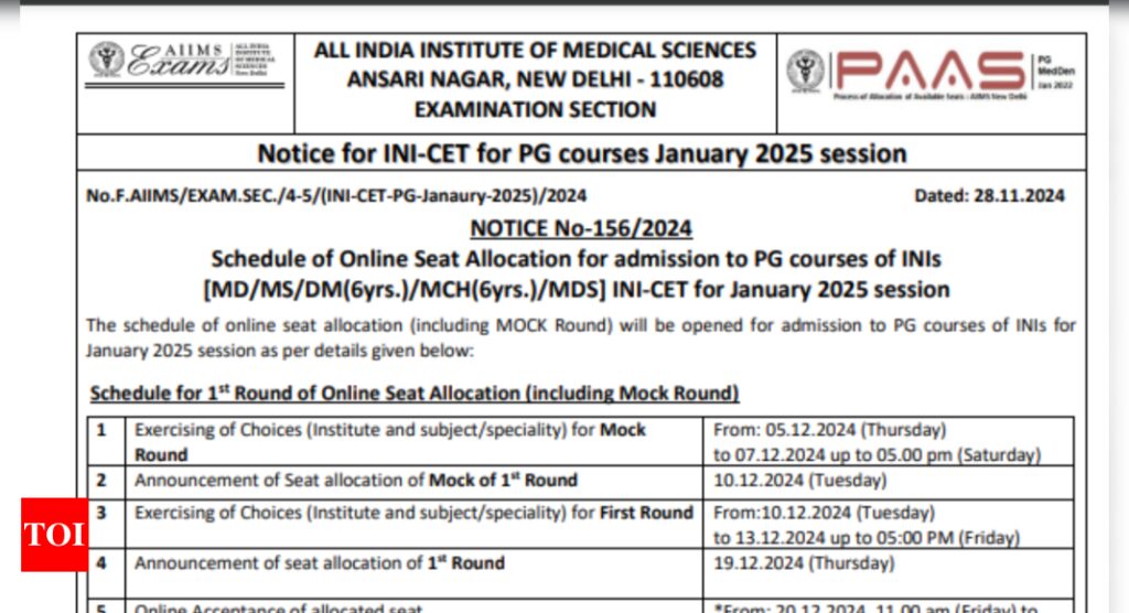 AIIMS INI CET January 2025 online seat allocation schedule out, check details here