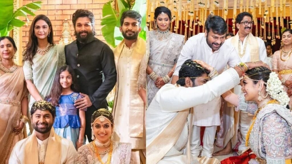 Chiranjeevi blesses newlywed couple, Allu Arjun poses for pics at wedding. See pics