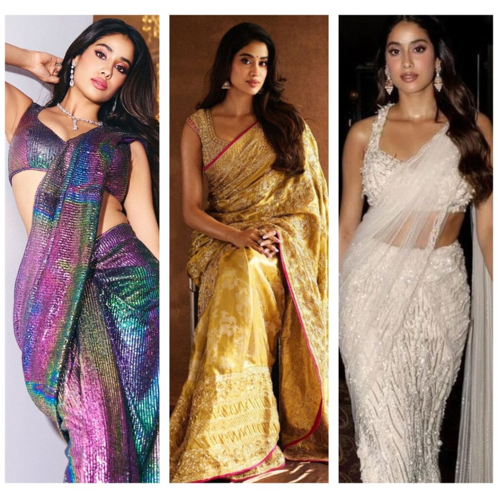 Take saree inspo from Janhvi Kapoor’s Kanjeevarams to holographic and pearl drapes