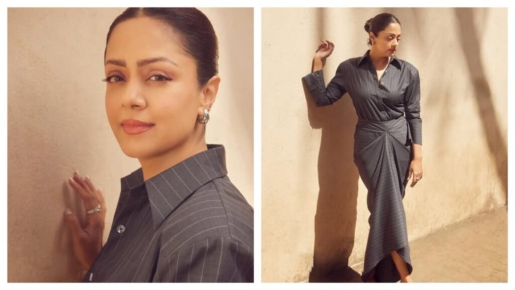 Jyotika serves a confident, power dressing moment in draped skirt and shirt with shoulder pads | Fashion Trends