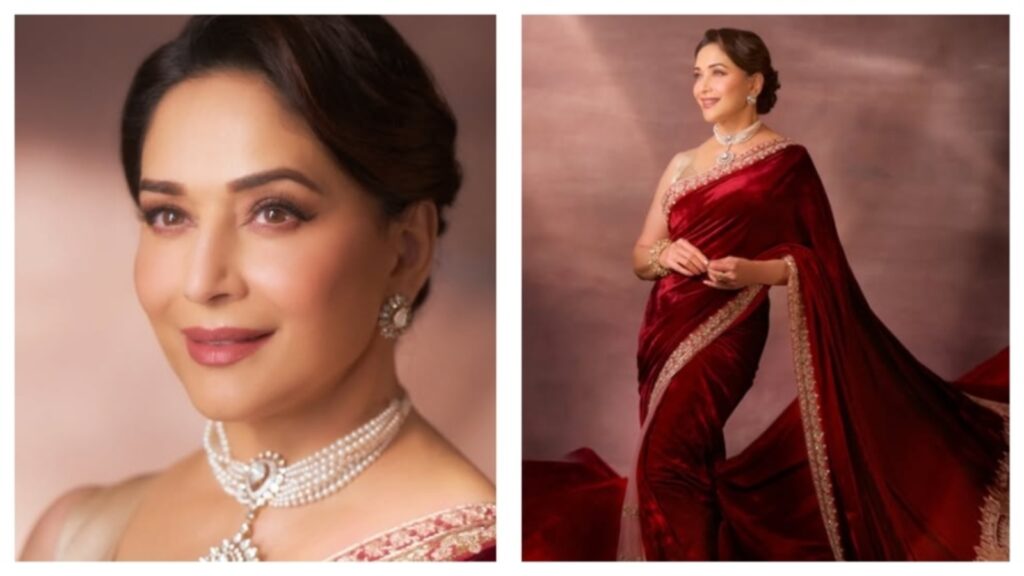 Madhuri Dixit is a vision to behold in red velvet saree and pearl choker; channels old-Bollywood charm | Fashion Trends
