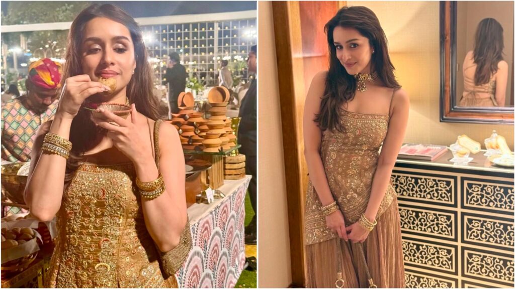 Shraddha Kapoor enjoys pani puri in dreamy ₹1.45 lakh Anita Dongre sharara set at wedding: See all the photos | Fashion Trends