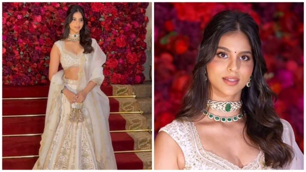 Suhana Khan brings regal elegance to Aadar Jain wedding in dramatic white lehenga, extravagant diamond jewellery. Watch | Fashion Trends