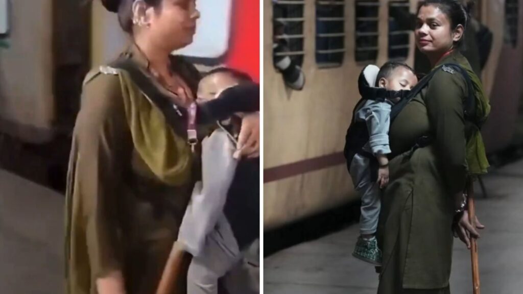 Watch: RPSF constable mom carries baby on chest, patrols crowded platform at New Delhi Railways Station | Trending