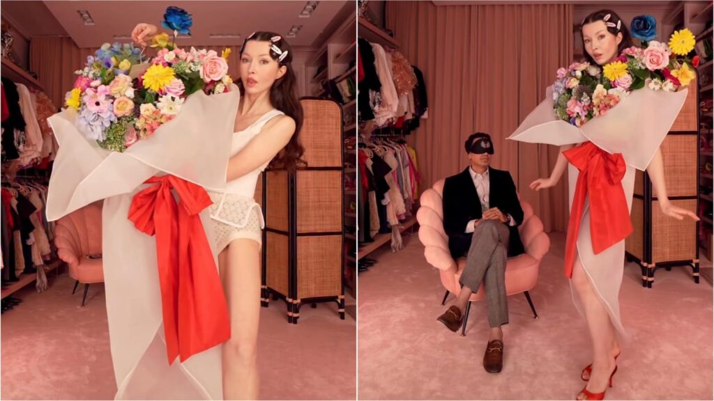 Woman stuns husband in her ‘wildest couture dress,’ turns into giant bouquet of flowers in stunning Moschino creation | Fashion Trends