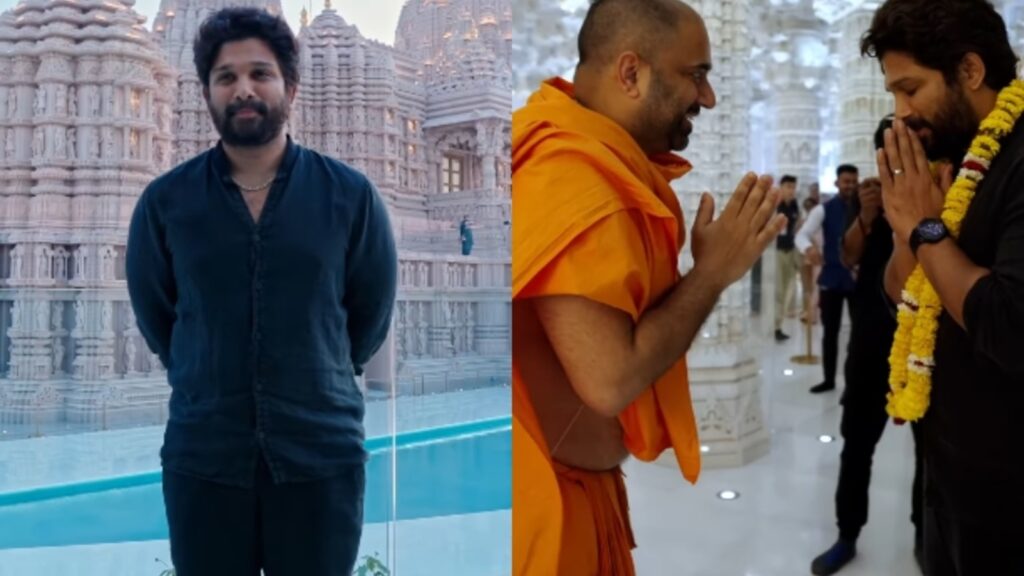 Allu Arjun goes on a spiritual sojourn to Hindu Mandir in Abu Dhabi; poses for touristy pics outside temple. Watch