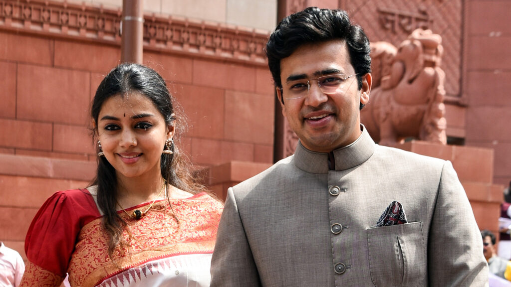 Bengaluru South MP Tejasvi Surya makes first parliament appearance with wife Sivasri Skandaprasad | Bengaluru