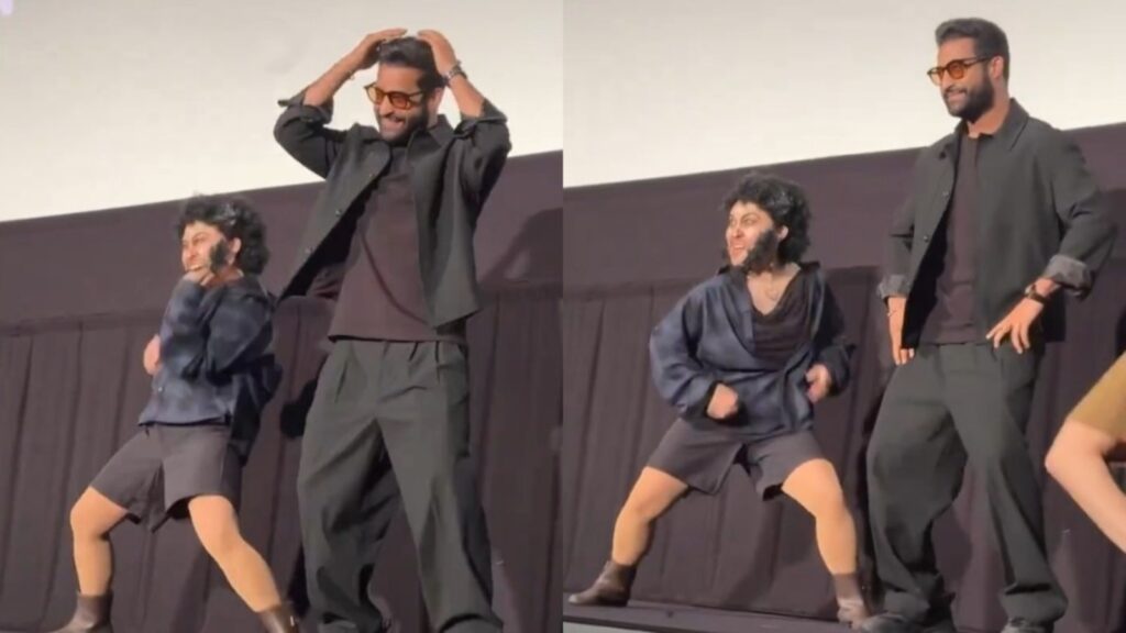 Jr NTR dances his heart out with fan dressed like him at the premiere of Devara in Japan. Watch