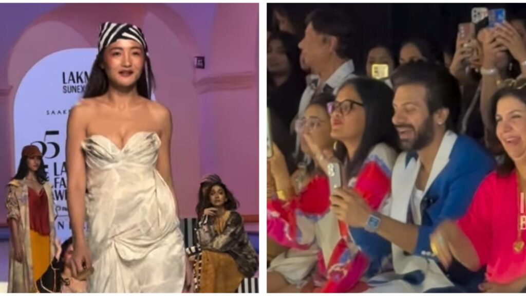 Karan Veer Mehra blows flying kisses, cheers for Chum Darang as she walks on the ramp. Watch
