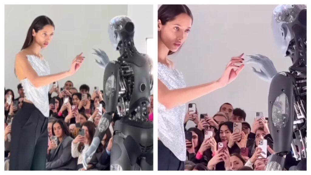 Model Yasmin Wijnaldum interacts with world’s most advanced humanoid robot Ameca on runway in fascinating video. Watch | Fashion Trends