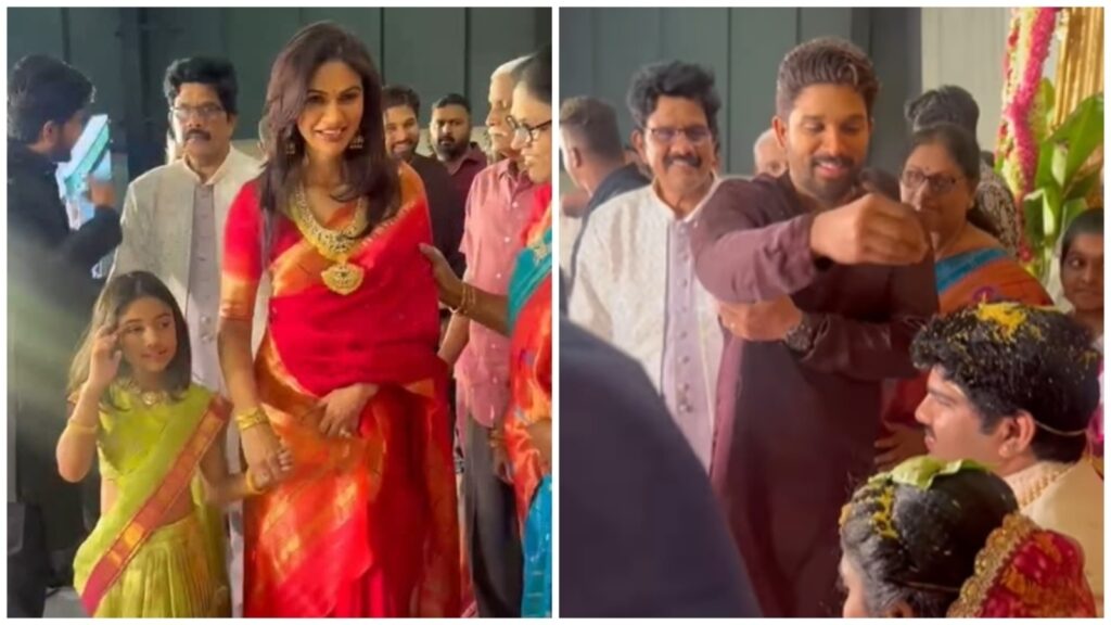 Allu Arjun’s wife Sneha Reddy glows in a traditional red saree with actor and mini-me daughter Arha at wedding | Fashion Trends