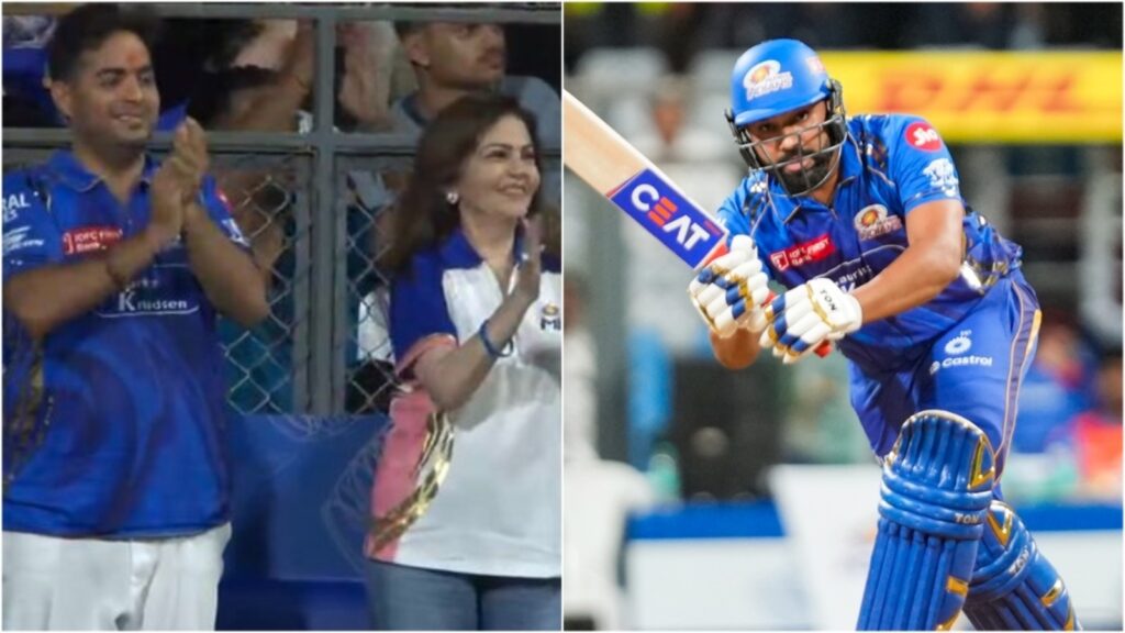 Anant Ambani, Radhika Merchant, Nita Ambani and Akash Ambani react as Rohit Sharma returns to form for Mumbai Indians