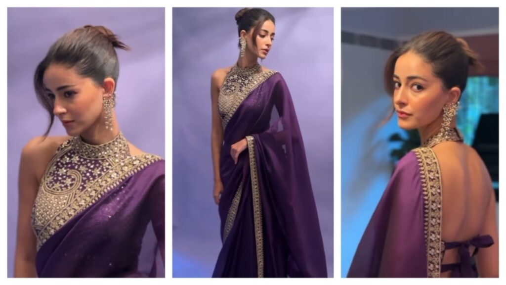 Ananya Panday in purple saree with halter neck blouse at Kesari 2 premiere channels modern maharani glam | Fashion Trends