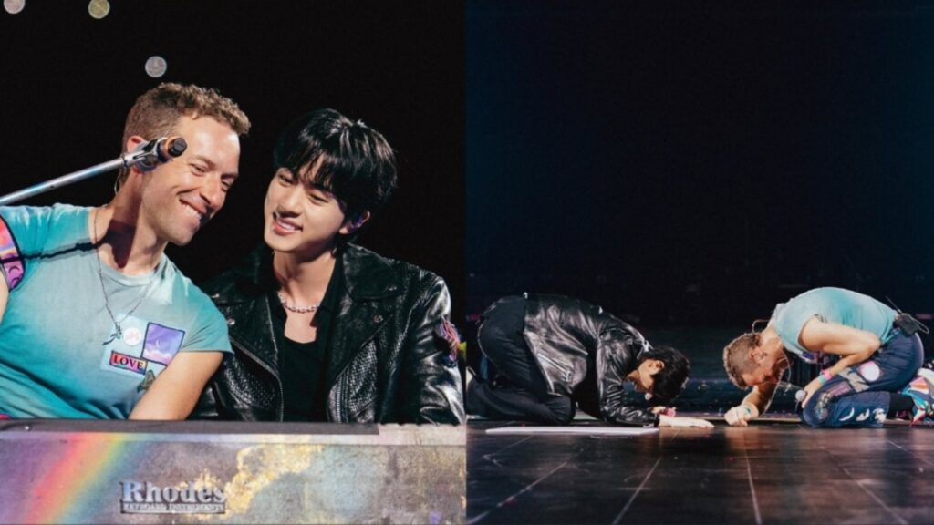 Jin joins Coldplay for 1st concert after military discharge; BTS singer, Chris Martin kneel, bow at each other on stage