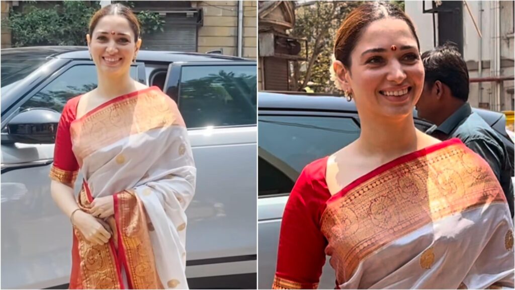 Tamannaah Bhatia offers prayers at Babulnath temple in classic red and white silk saree, gajra-adorned hair. Watch | Fashion Trends