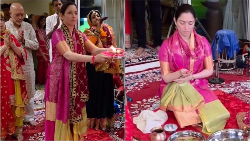 Tamannaah Bhatia transforms temple prasad saree into stunning silk suit for her Mata Ki Chowki celebration | Fashion Trends