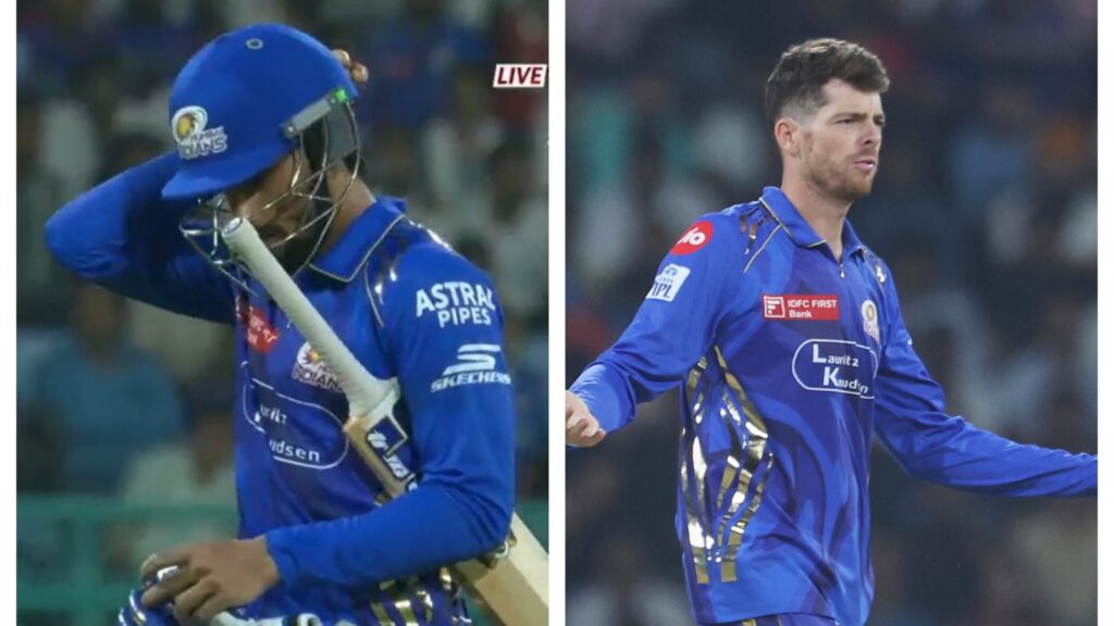 Tilak Varma consoled by Mitchell Santner, MI support staff after being forced to retire by Mahela Jayawardene