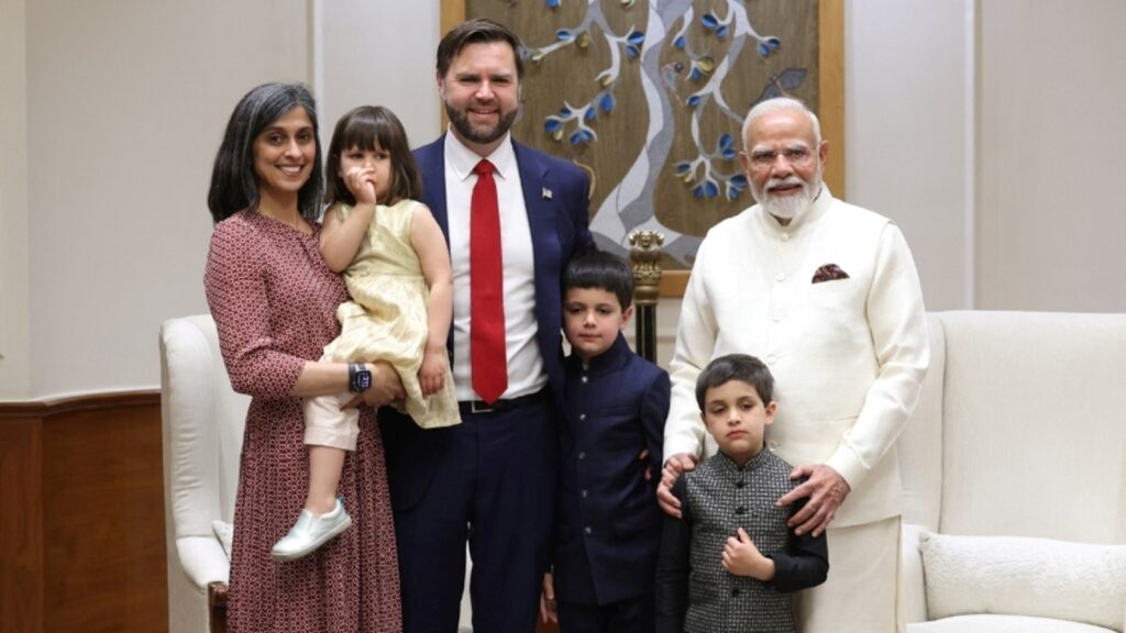 Usha Vance keeps it simple in a printed midi dress to meet PM Modi with JD Vance and their children. Pics | Fashion Trends