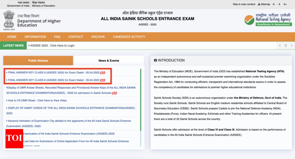 AISSEE 2025 final answer key released: Result expected shortly, check details here