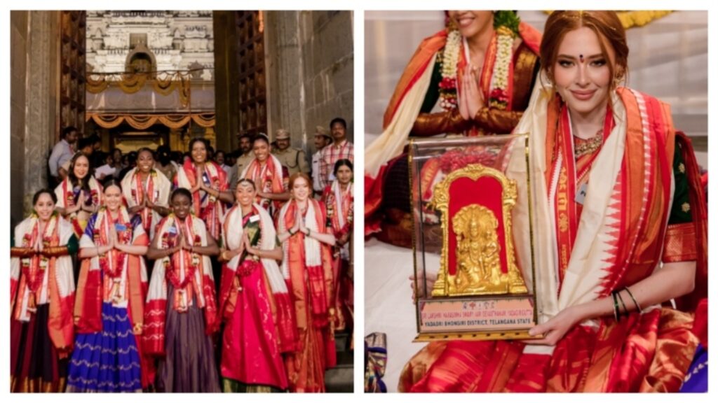 Miss World contestants visit sacred Telangana temple dressed in traditional lehenga, bindi and gajra. Watch | Fashion Trends