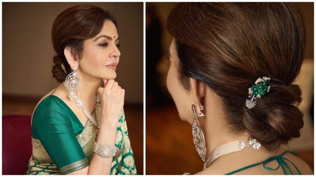 Nita Ambani decked her Banarasi saree with massive diamond bracelet, hair brooches that will blind you! Pics | Fashion Trends